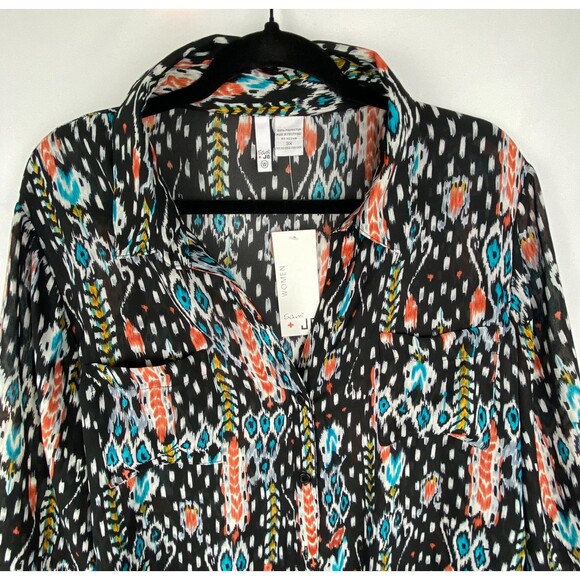 NWT Sami & Jo Blouse Womens 3X Multicolor Ikat Print Button Up Top Southwestern - Picture 2 of 11
